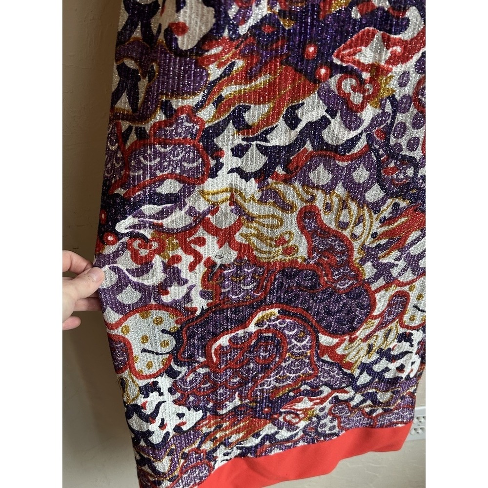 Vintage 1970s Metallic Paisley Maxi Dress M Red Empire Psychedelic Evening Gown - Picture 4 of 11